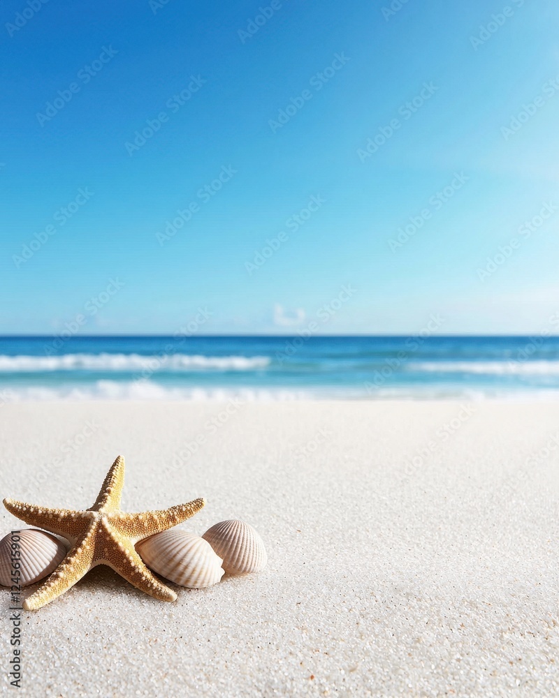 A serene beach scene featuring a starfish and seashells, with calm waves and a clear blue sky in the background. A serene beach scene featuring a starfish and seashells, with calm waves and a clear blue sky in the background.