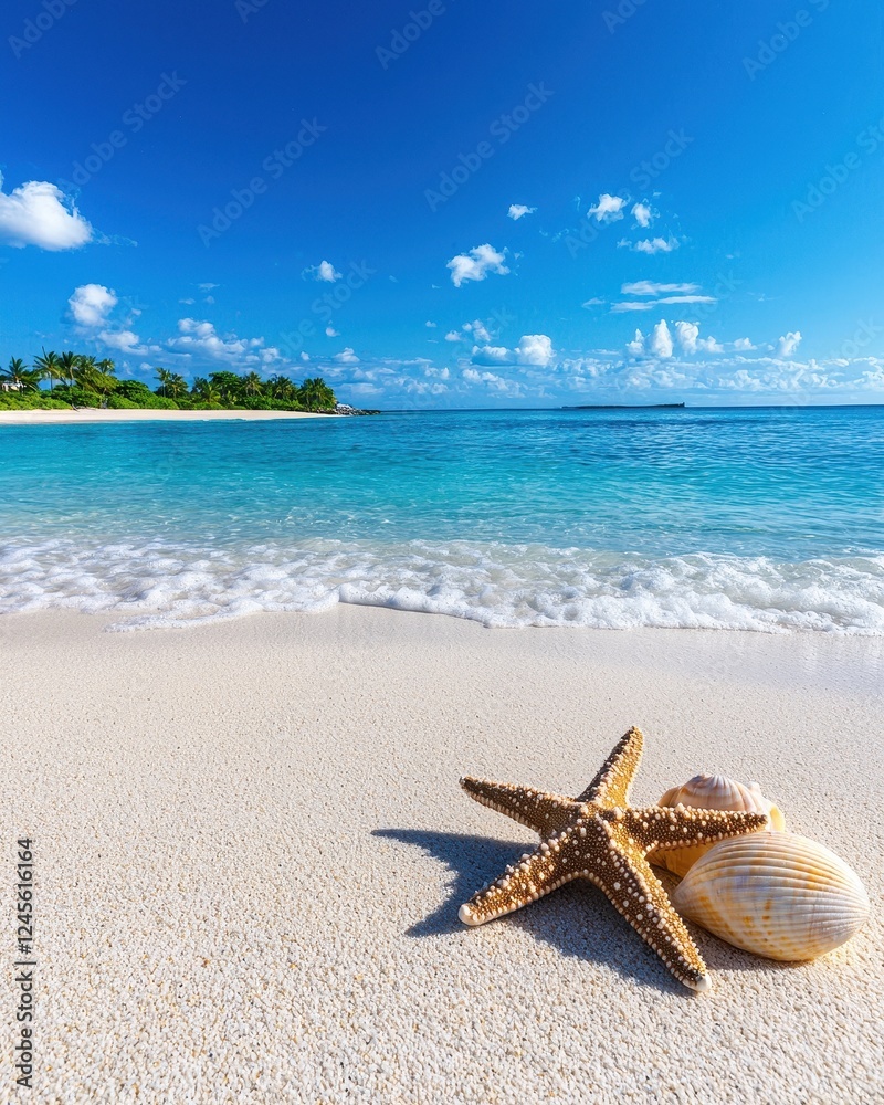 A serene beach scene with soft sand, a starfish, seashells, and crystal-clear water under a bright blue sky. A serene beach scene with soft sand, a starfish, seashells, and crystal-clear water under a bright blue sky.