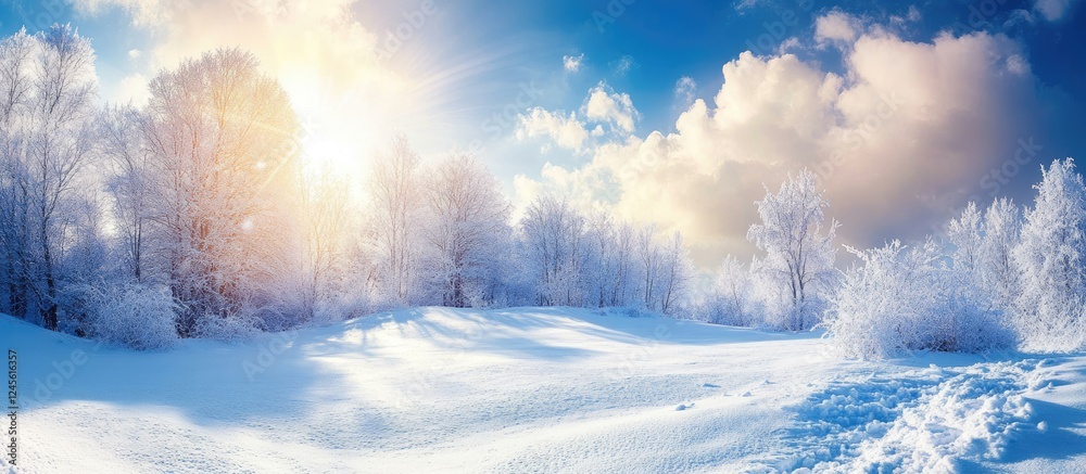 Serene winter landscape with a bright sun casting golden light over a snowy field, surrounded by frost-covered trees under a blue sky. Serene winter landscape with a bright sun casting golden light over a snowy field, surrounded by frost-covered trees under a blue sky.