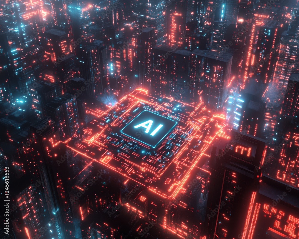 Fototapeta premium Futuristic Digital Cityscape with Artificial Intelligence Circuit Board Illuminated by Neon Lights and High-Tech Skyscrapers at Night