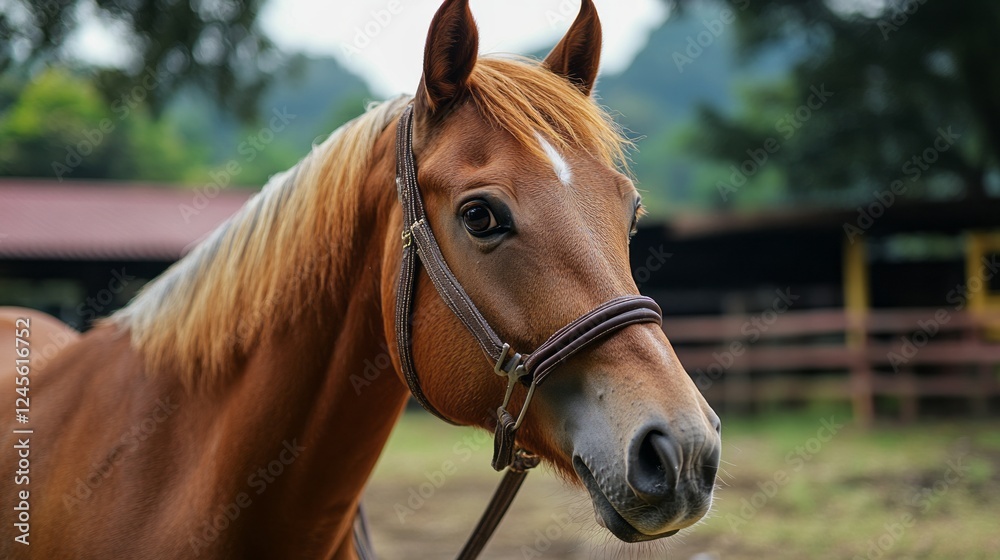Close-up view of a brown horse in a rural setting with green trees and a stable in the background during daylight hours Close-up view of a brown horse in a rural setting with green trees and a stable in the background during daylight hours