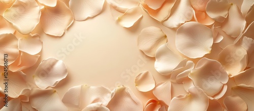 Elegant rose petals in soft pink and cream hues arranged artistically on a warm beige background, creating a serene and inviting atmosphere