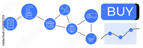 Icons representing clipboard, factory, warehouse, airplane, globe, truck, shopping cart, button BUY, interconnected. Ideal for e-commerce, supply chain, logistics, manufacturing, market analysis