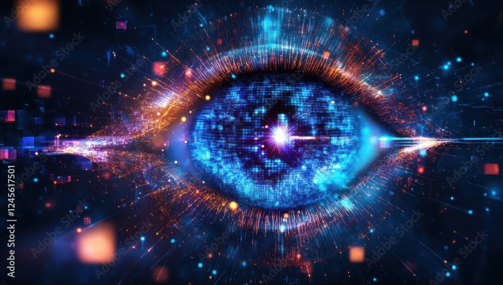 Obraz premium Futuristic Digital Eye with Glowing Lights and Particles Representing Vision, Technology and Data Processing in a Cybernetic Environment