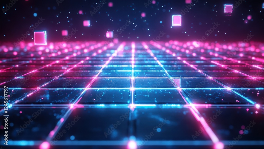 Obraz premium Futuristic Digital Grid with Neon Lights and Floating Squares in a Dark Background for Technology and Sci-Fi Concepts