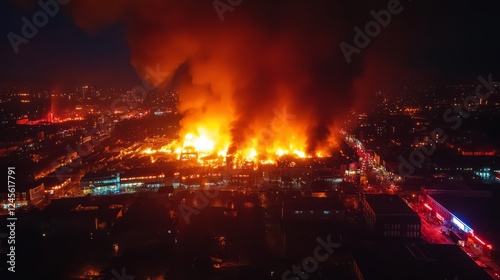 Aerial view of a large city fire, with emergency lights visible amid the chaos