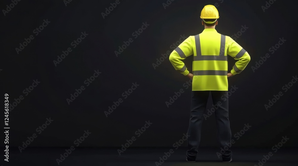 Fototapeta premium A worker in a bright yellow safety vest and helmet stands confidently with hands on hips against a dark background.