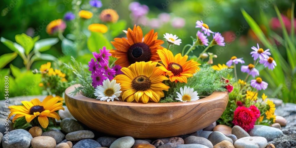 custom made wallpaper toronto digitalVibrant summer wildflowers arranged in a rustic wooden bowl, nestled amongst smooth river stones, creating a tranquil garden scene.