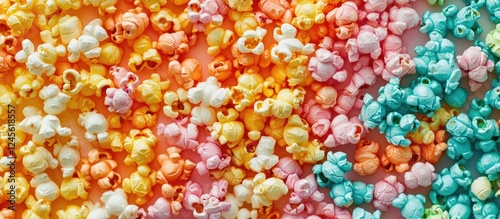 Colorful popcorn scattered across a textured surface featuring vibrant hues of orange, yellow, pink, and turquoise for creative projects.