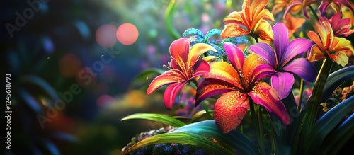 Vibrant close-up of multicolored lilies in shades of purple, orange, and pink positioned on the left with a soft bokeh background creating depth.