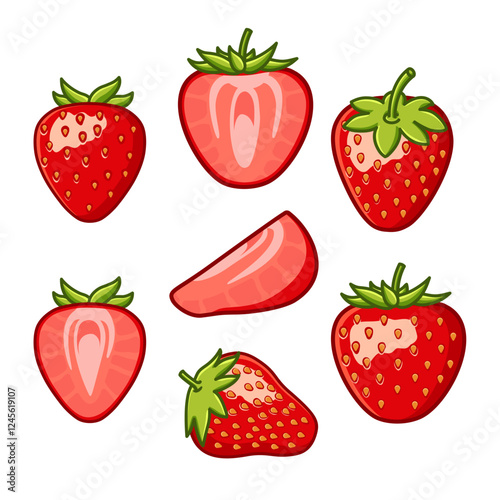 a variety of strawberry cut into shapes and arranged in different positions