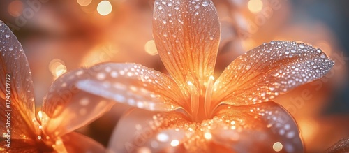 Delicate macro shot of glowing pink flowers with dew drops, featuring soft orange and teal background hues, creating a magical floral atmosphere.