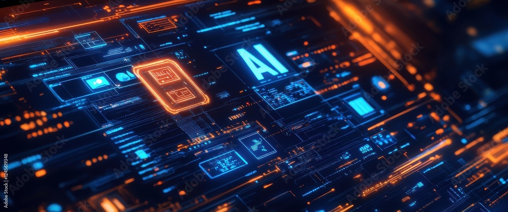 Obraz premium Futuristic Digital Interface with Blue and Orange Lights Featuring Artificial Intelligence Elements and Data Visualization Technology Concepts