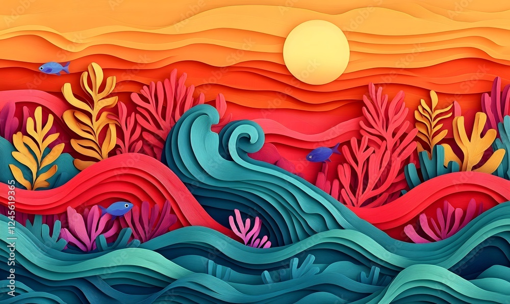 Ocean sunset, layered paper art, underwater scene, vibrant colors, nature illustration, design Ocean sunset, layered paper art, underwater scene, vibrant colors, nature illustration, design