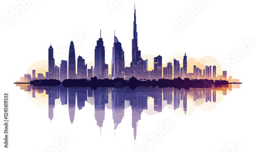 Dubai Skyline Silhouette with Reflection in Minimalist Flat Vector Style