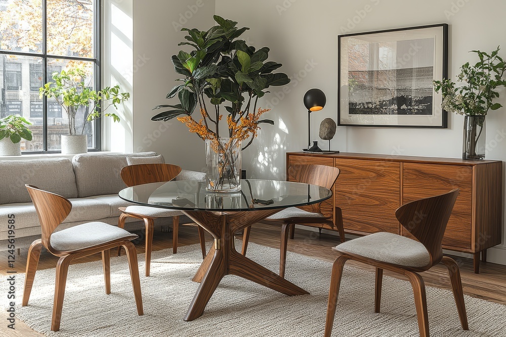 Fototapeta premium Living room with white walls, walnut sideboard, coffee table, black-framed art, glass dining set, LED floor lamp, and gray sofa with chairs.