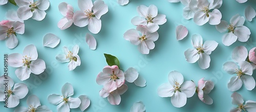 Delicate white floral petals scattered on a soft aqua background with a single green leaf among the blooms creating a serene atmosphere.