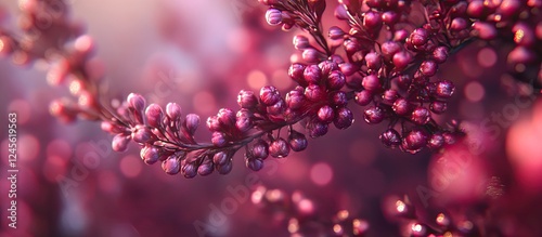 Delicate pink blooms on slender branches with a soft bokeh background in warm tones, creating a serene, nature-inspired atmosphere.