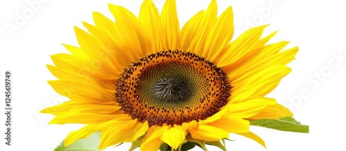 Vibrant close-up of a sunflower with bright yellow petals and dark center on a white background, ideal for floral design elements.
