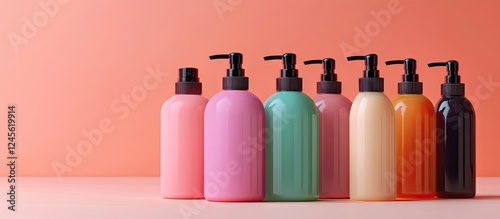 Colorful assortment of shampoo conditioner and soap bottles in shades of pink green and orange arranged against a coral background for hair care routine