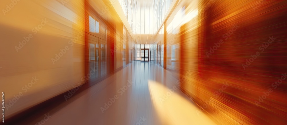 Dynamic blurred abstract office corridor with warm orange light capturing a modern professional atmosphere and sleek glass doors at the end. Dynamic blurred abstract office corridor with warm orange light capturing a modern professional atmosphere and sleek glass doors at the end.