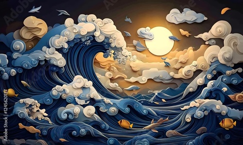 Ocean wave art, sunset, paper craft style, fish, clouds photo