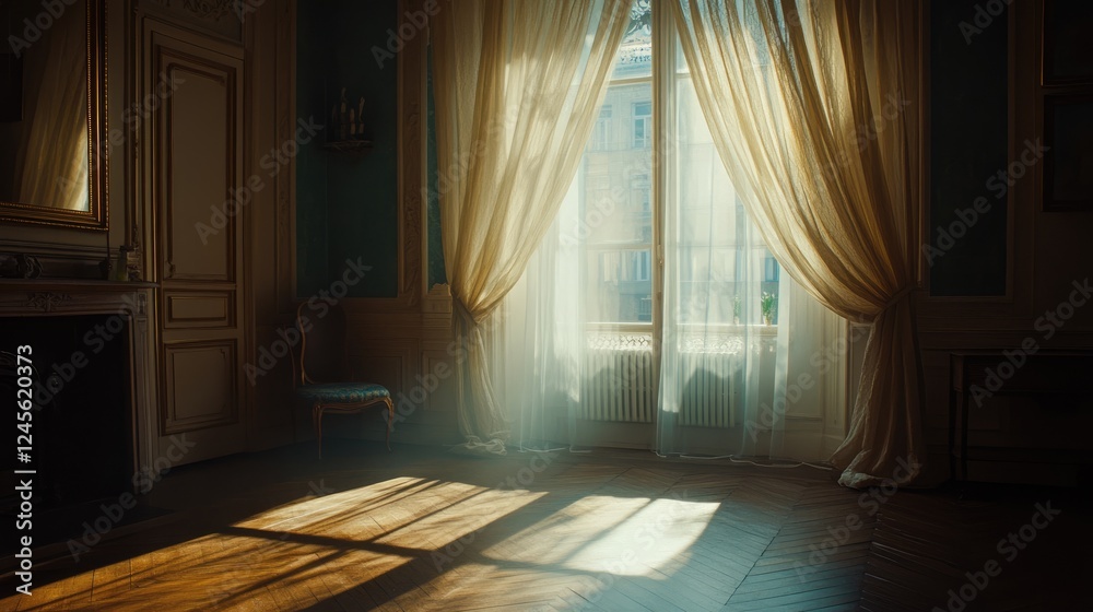 Fototapeta premium A curtain rod without curtains, revealing a large, sunlit window.