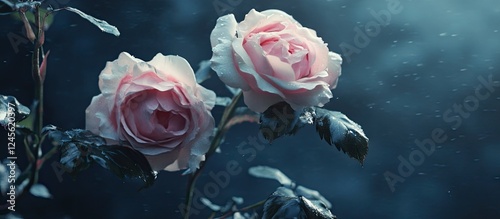 Pink roses with dew against a dark background highlighting their petals and lush green leaves creating a striking contrast for elegance.