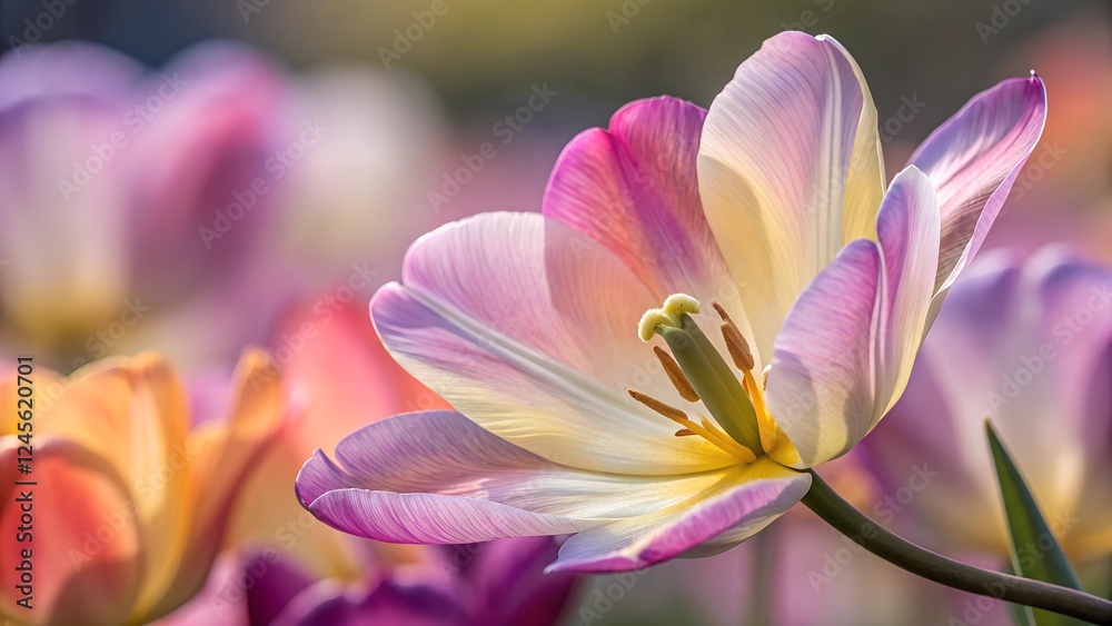 Fototapeta premium Pastel Dreams: A delicate and graceful pink and white tulip blooms in a field of colorful flowers, bathed in soft sunlight, creating a whimsical and ethereal atmosphere. 