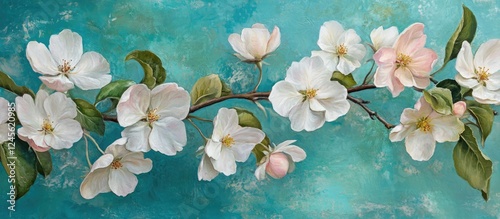 Delicate white cherry blossoms with soft pink accents on a serene turquoise background, elegantly arranged along a horizontal branch.