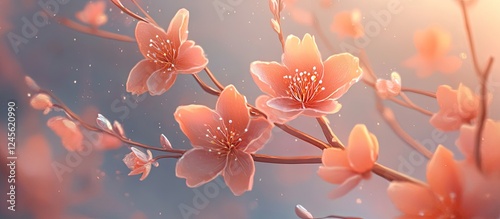 Delicate pink blossoms on a branch with soft light hues creating a serene floral background evoking tranquility and beauty in pastel tones