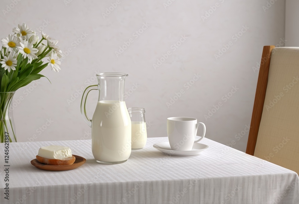 Fresh milk and white tablecloths were placed on the table Fresh milk and white tablecloths were placed on the table