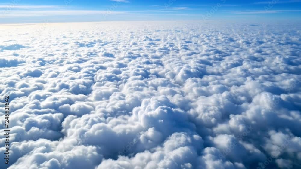 Endless fluffy clouds covering the horizon under clear blue sky. Nature concept