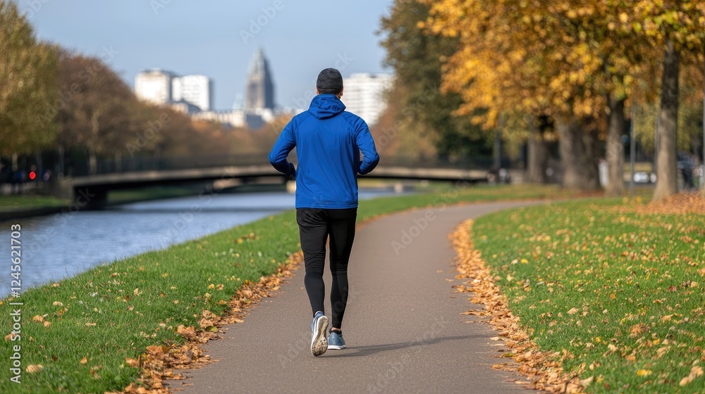 Fototapeta premium Runner jogging through autumn park cityscape background outdoor lifestyle photography tranquil environment perspective on fitness