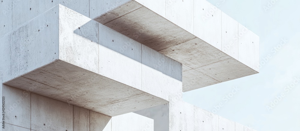 Fototapeta premium Abstract architectural structure showcasing a minimalist concrete design with floating slabs and a pale blue sky background, emphasizing geometric lines.