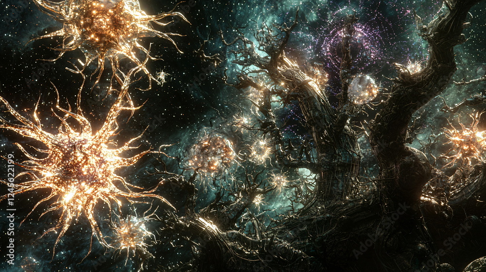 Fototapeta premium Galactic forest with luminous organic structures floating in dark space, surrounded by swirling cosmic elements and radiant stars illuminating the scene.