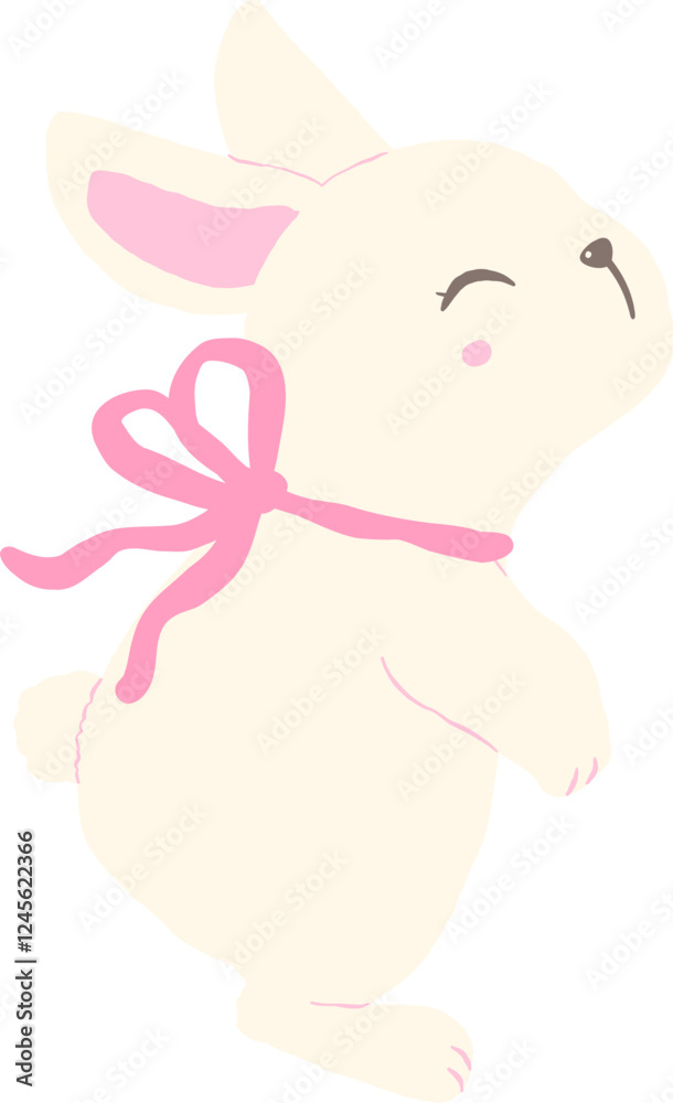 Cute White Bunny standing with Pink Coquette Ribbon Bow Adorable Cartoon Cute White Bunny standing with Pink Coquette Ribbon Bow Adorable Cartoon