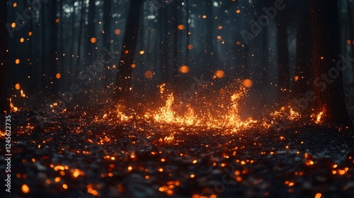 Burning trees in the heart of a forest, with thick smoke rising against a darkened sky 