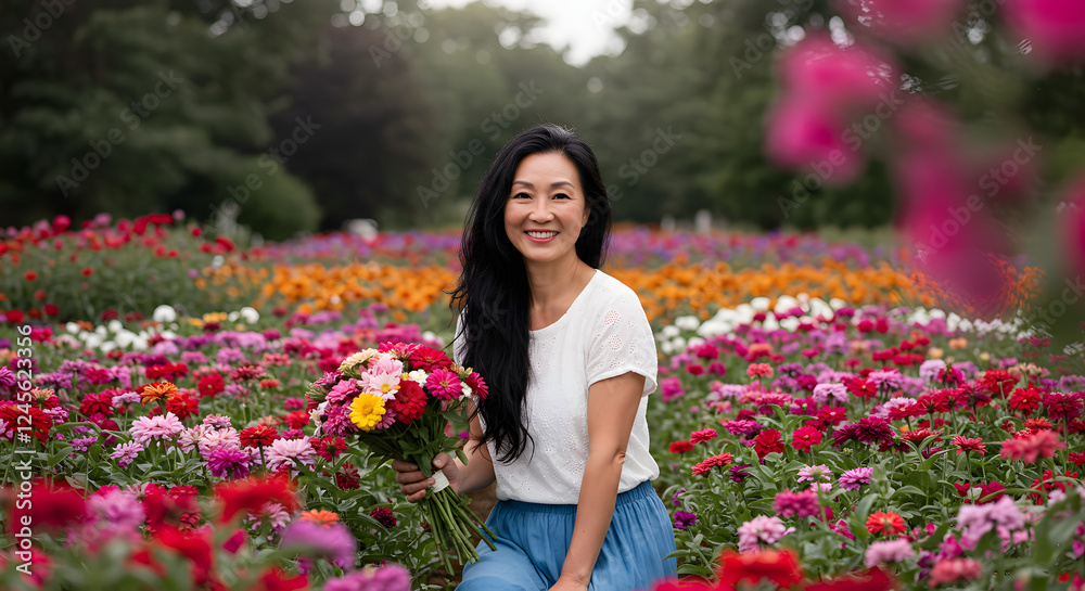 Floral Serenade: A woman, smiles gracefully, in a vibrant field of colorful flowers, holding a bouquet of blooms. This image captures the essence of beauty. Floral Serenade: A woman, smiles gracefully, in a vibrant field of colorful flowers, holding a bouquet of blooms. This image captures the essence of beauty.
