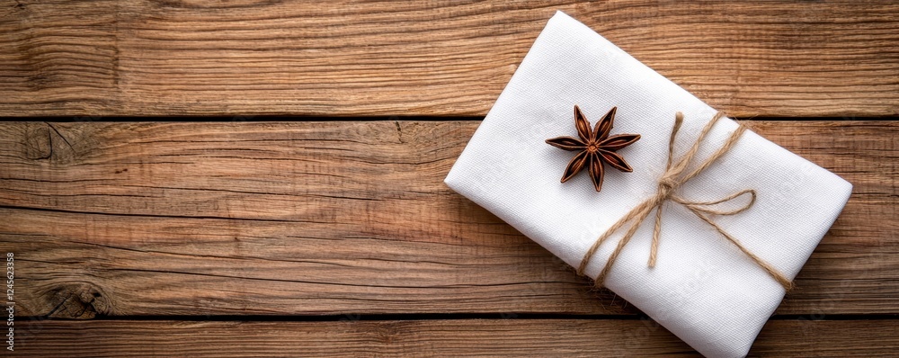 A beautifully wrapped gift on a rustic wooden table, adorned with a star anise spice for an elegant touch. A beautifully wrapped gift on a rustic wooden table, adorned with a star anise spice for an elegant touch.