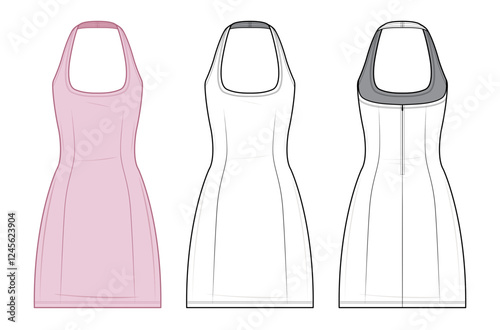 Halter Bodycon Mini Dress Technical Fashion Illustration. Sleeveless Fitted Dress Vector Template. Front and Back View. Scoop Neckline. Open Back Design. Stretch Fabric. Women’s Wear. CAD Mockup Set.