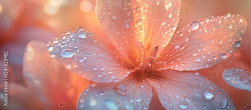 Delicate pastel pink flower petals adorned with sparkling dew drops in soft focus background creating an ethereal dreamy atmosphere