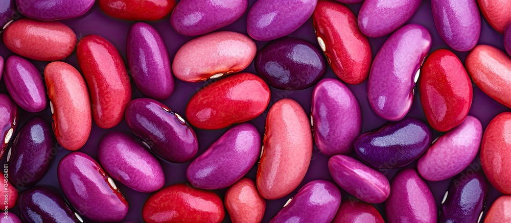 Vibrant array of kidney beans in shades of pink, purple, and burgundy scattered across a dark background highlighting their unique shapes and colors