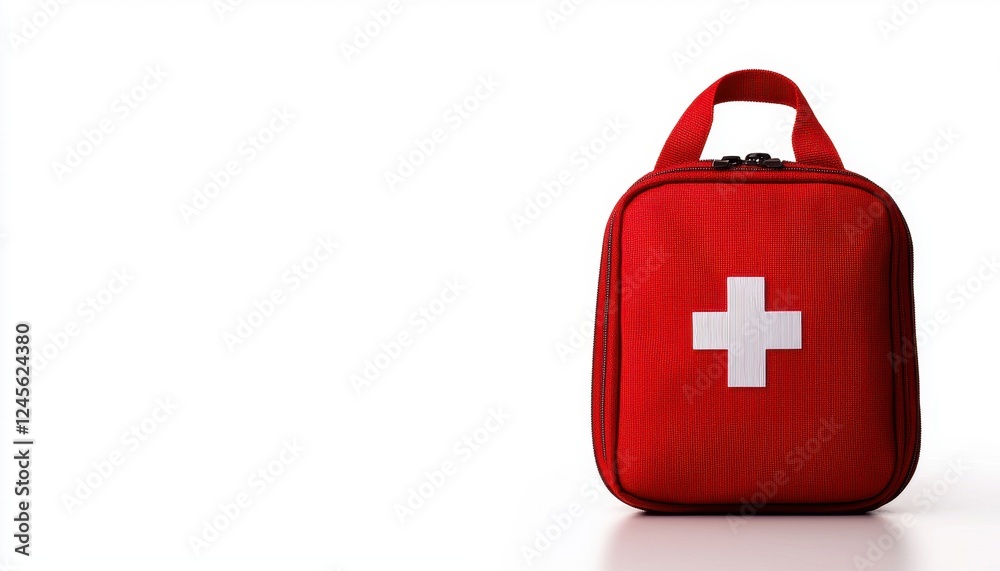A vibrant red first aid kit with a white cross, ideal for emergency preparedness and health safety.