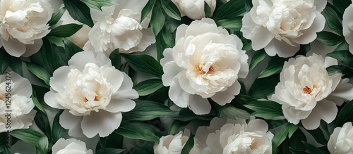 A lush arrangement of white peonies with soft ivory petals nestled among vibrant green leaves, creating an elegant floral background.