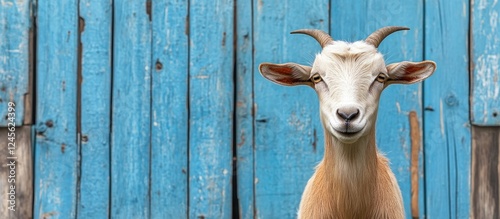 Playful young goat in front of a rustic blue barn with weathered wooden planks highlighting its cheerful demeanor in a rural setting.