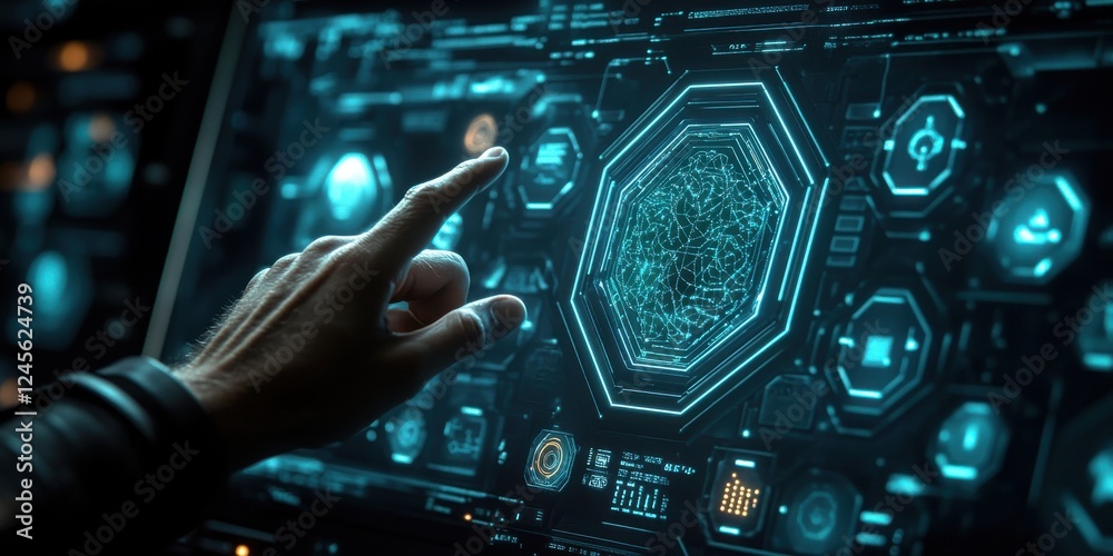 Fototapeta premium Futuristic hand interacting with digital interface, advanced technology concept, data visualization, user interaction in high-tech environment, holographic display