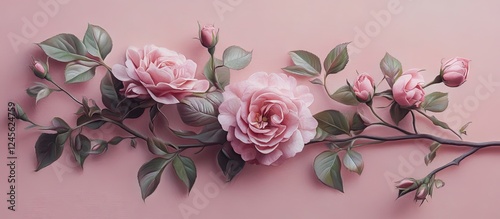 Delicate cherry blossom blooms and buds in soft pink hues, elegantly arranged with green leaves on a gentle pink background, creating a serene floral composition.