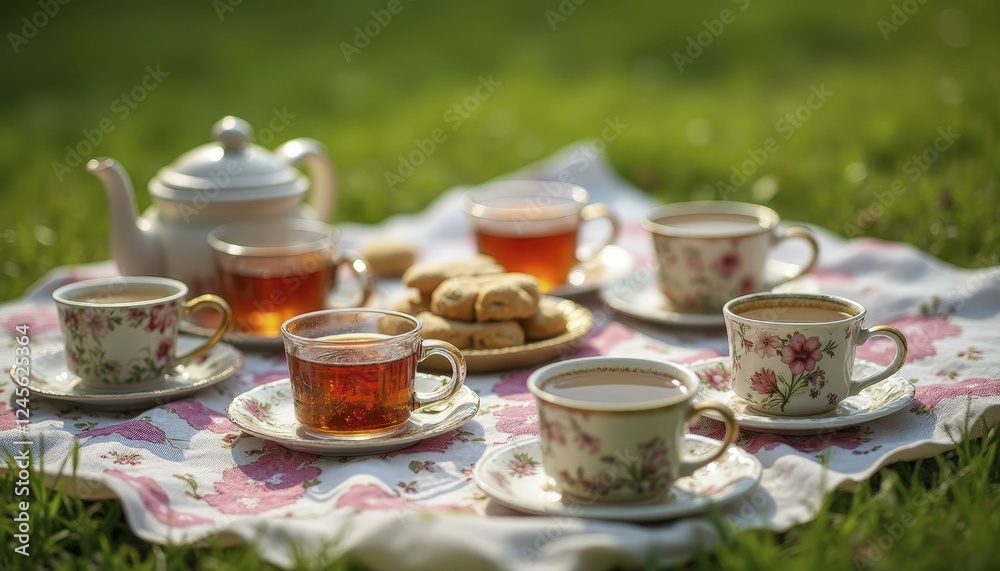 Fototapeta premium Sunlit Picnic Blanket With Tea Set And Plate Of Cookies On Vibrant Green Grass