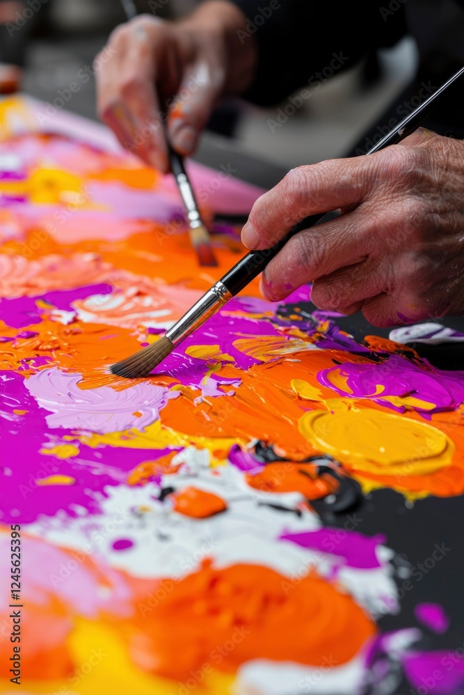 Naklejka premium Hands Mixing Vibrant Acrylic Paints On Canvas